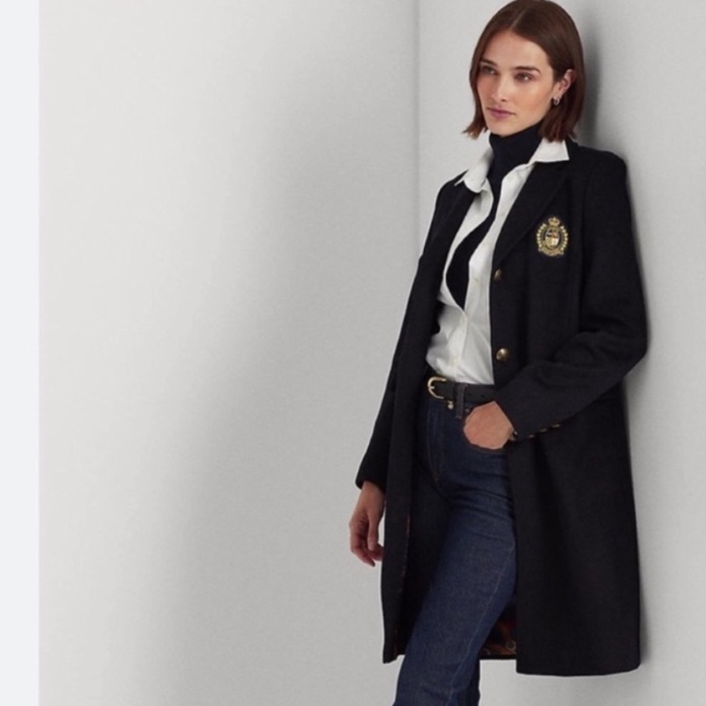 Ralph Lauren Crest Patch Wool Blend Black Coat size 6